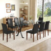 Table and chair set.79"x31.5" Inch Tempered Glass Tabletop With X-shaped Black Metal Table Legs,Wood Grain Textured MDF Crossbeam.Paired With 8 Black PU Dining Chairs with Walnut Color Metal Leg.