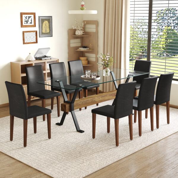 2f2c9e3fb1d14e7abf2e8fa09438e4a1_29644b6fea7293b2e5641fe454988454 Table and chair set.79"x31.5" Inch Tempered Glass Tabletop With X-shaped Black Metal Table Legs,Wood Grain Textured MDF Crossbeam.Paired With 8 Black PU Dining Chairs with Walnut Color Metal Leg.