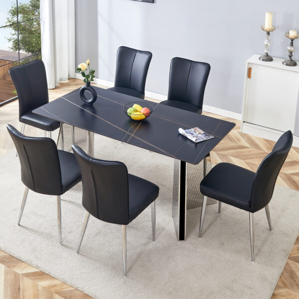 2f37054690ef4b668a29fa3aeef0cf47_353e2ce2dafe7faffc31c5dbe8756020 Table and chair set.63"x31.5x30" Black Marble-Patterned Slabs Tabletop with Stainless Steel Butterfly Legs.Paired with 6 Black PU dining chairs with a vertical stripe design on the backrest.