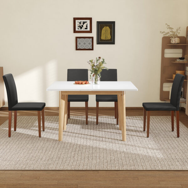 2f3d13771e6648b4a0a3e504ca5737a3_b2e6293e71f621a4130268e6da3599d0 Table and chair set. White Sintered Stone Tabletop, Rubberwood Legs,Foldable Computer Desk, Foldable Desk.Paried With 4 Black PU Dining Chairs with Walnut Color Metal Leg.