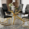 Table and chair set.Modern Luxurious Transparent Tempered Glass Dining Table Set with 6 Chairs.Single Fork Golden Metal Table Legs.Black high-quality PU dining chairs with golden metal legs.