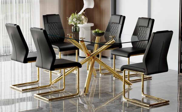 2f4b740be34b47c6a579bfc8931af5cb_66e6c2346058afb9167f2975e7d6b0d6 Table and chair set.Modern Luxurious Transparent Tempered Glass Dining Table Set with 6 Chairs.Single Fork Golden Metal Table Legs.Black high-quality PU dining chairs with golden metal legs.