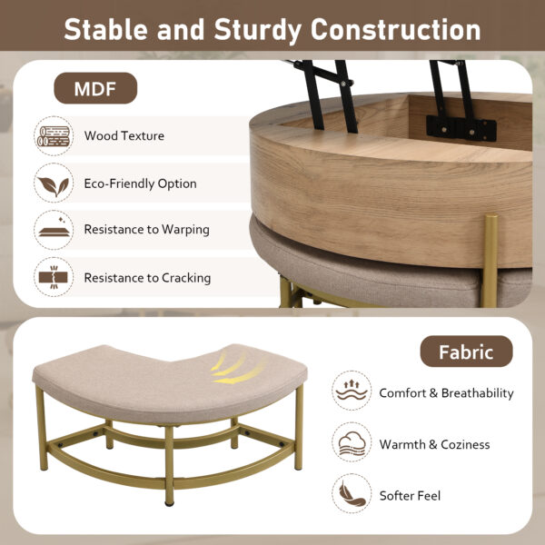 Modern Round Lift-Top Coffee Table with Storage & 3 Ottoman White & Natural