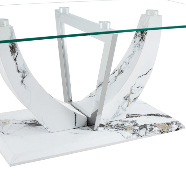 2f74735f9a4e410b9ff91eab6b70ff89_20240206_856a193eccfa433239be1996feeda957 Modern minimalist transparent tempered glass coffee table with marble patterned MDF legs and stainless steel decorative columns. Computer desk. Game table. CT-907