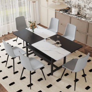 Table and chair set.71*35.4 inch White And Black Spliced Dining Table With Storage Function In The Middle Of The Table Legs.Paired With  6 Light Gray Linen Dining Chairs With Curved Widened Cushion.