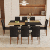 Table and chair set.71*35.4 inch Wooden And Black Spliced Dining Table With Storage Function In The Middle Of The Table Legs.Paired With 8 Black PU Dining Chairs, Simple And Versatile.
