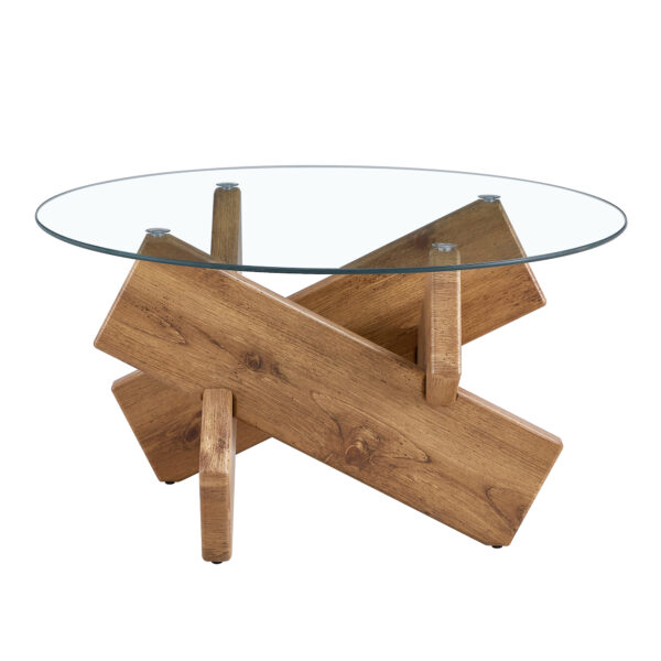 Circular glass coffee table, 33.4-inch modern and distinctive design tea table. Tempered glass countertop, wood colored MDF table legs. Suitable for living rooms and farmhouses
