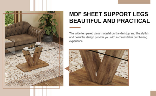 2fafc9e860194f12bd7a7f527d2fbe8f_20240321_6d8224c8331008b691b8702e5e463dda A modern minimalist style coffee table. Transparent tempered glass tabletop with wooden MDF columns. Suitable for living room and dining room. CT-V