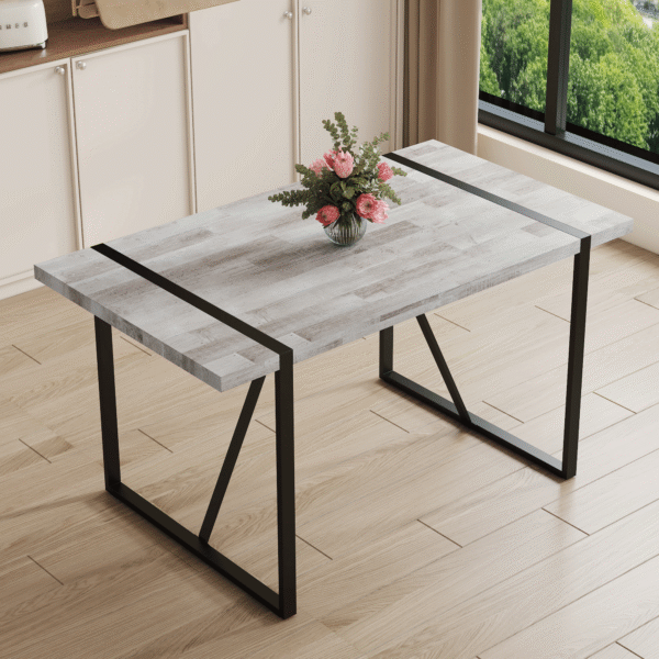2fba963edf91434cbb4cde1dc2958b81_2475abe4db553665261e21ded3c22af1 A minimalist retro rectangular dining table with a specially textured top and black metal legs.Contemporary Minimalist MDF Gray Textured Tabletop.Able To Give People A Visual Beauty With Rules.
