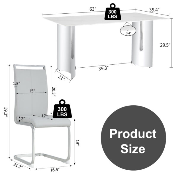 Modern minimalist dining table. Imitation marble glass sticker desktop, stainless steel legs, stable and beautiful. 4 premium PU seats. 63 inches * 35.4 inches * 29.5 inches DT-69 C-1162