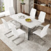 Table and chair set.63"x31.5x30" Luxurious Snow Mountain Patterned Sintered Stone Table with Silver Stainless Steel Butterfly Legs.Paried With 6 White High-quality PU Chairs With Arched Metal Legs.