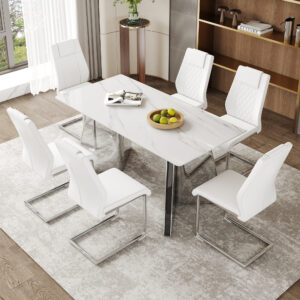 Table and chair set.63"x31.5x30" Luxurious Snow Mountain Patterned Sintered Stone Table with Silver Stainless Steel Butterfly Legs.Paried With 6 White High-quality PU Chairs With Arched Metal Legs.