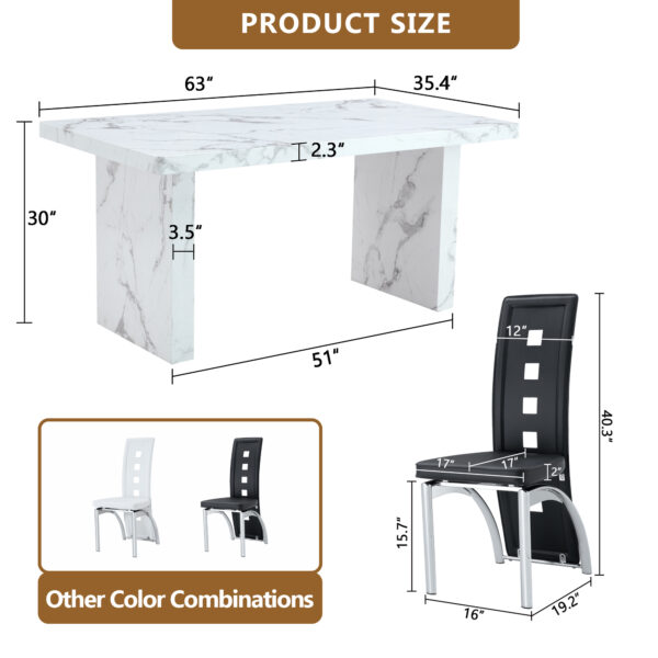 2fd2eb9a22a248e0a94b48fa1b00ae3d_88061aaf204cad684c3fd54b01856cfb Table and chair set.63"*35.4" White Imitation Marble Pattern MDF Dining Table Set - 4 PU Chair With Black Saddleback, Geometric Pattern Backrest,Silver Curved Metal Leg..Suitable For Various Scenes.