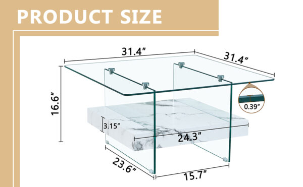 2fe3124feb864086b6001c4d2ad6bd79_30ad62aa550476127b48f1daea105906 31.4 Inch Modern Two-Tier Square Coffee Table - An Elegant Combination of Clear Glass and White Marble Pattern Sticker.It can be used as a coffee table,a side table or a display stand.