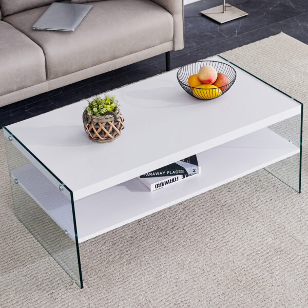 Double rectangular coffee table. The board surface is MDF, with white stickers, and both sides are transparent tempered glass. Suitable for living room, bedroom and other occasions.