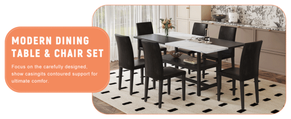 301e8ea0543f4c40943b9134b60d9c92_f66b8ba29c99564a9b564633cf2dfb31 Table and chair set.71*35.4 inch White And Black Spliced Dining Table With Storage Function In The Middle Of The Table Legs.Paired With 6 Black PU Dining Chairs, Simple And Versatile.