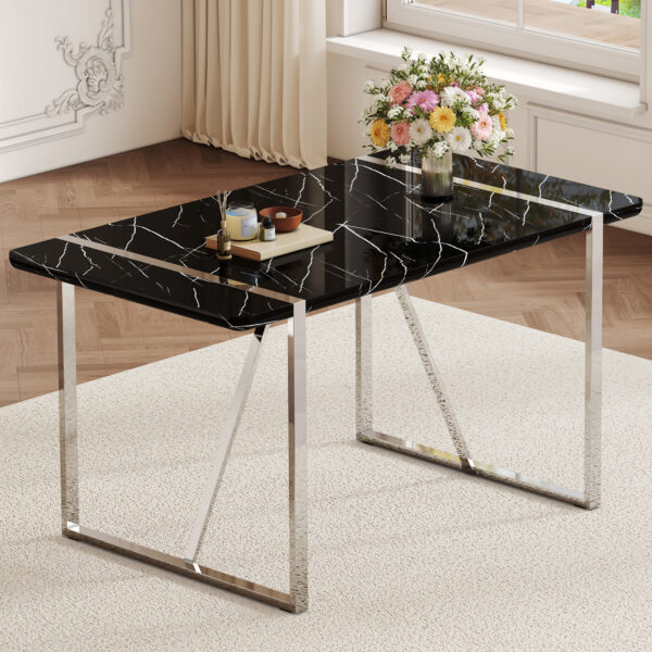 3045d9282d8e4575a8afefa9f749ff2c_65a47c23ca59e259ed526139cc3dbba6 A rustic industrial rectangular MDF black dining table for 4-6 people, with a 1.5 "thick MDF desktop and electroplated metal legs, used for writing tables, kitchens, terraces, dining rooms55"*31.5*30