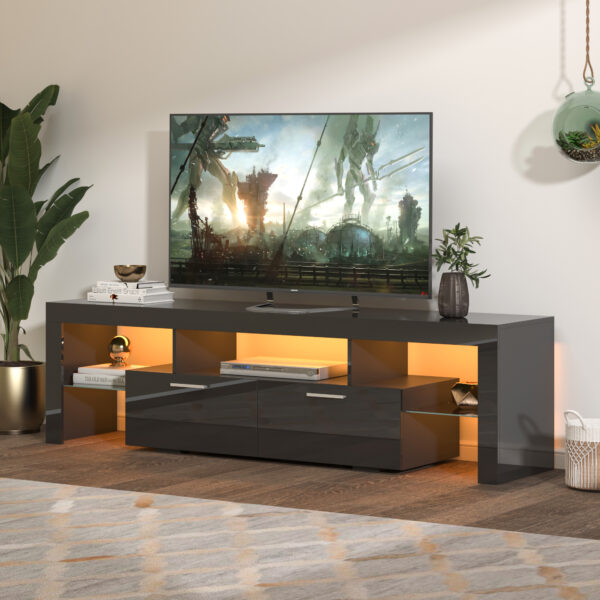 FashionTVstandTVcabinet,EntertainmentCenter,TVstationTV console,media console,with LEDlight belt,light belt remote control,toughenedglassshelf,metal handle,Canbeplaced in the living room,bedroom,black