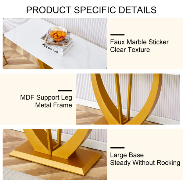 Modern and simple rectangular glass dining table in white with a pattern, 0.39 "white top and gold legs, suitable for entrance and living room.