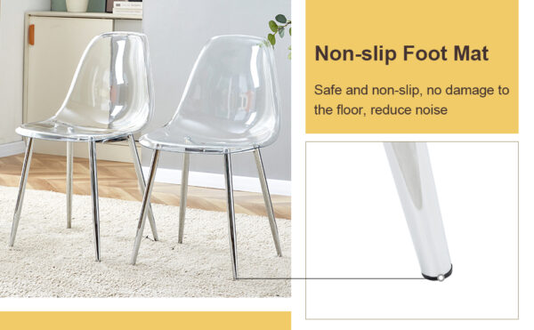 308127bd75fd400299636edced438103_dbf2d64629beaad9125b87efd9cdc210 Table and chair set.Modern Luxurious white Marble-Patterned Tempered Glass Dining Table with 6 Transparent Plastic Chairs with silver legs.Single fork silver metal table legs.