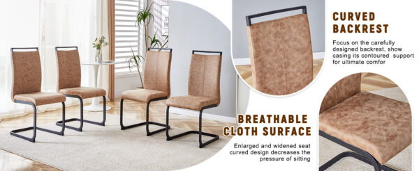 3081ea05e7c74467bf2e93fbb6e83e79_d320588f30ec32cc462b08bbfe3d9735 Table and chair set.64.5 x 35.4 Inch Stylish Wood Color Textured Dining Table.Perfectly Blending Simplicity And Transparency.Paried With 6 Brown technology fabric chairs with arched black legs.