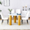 Table and chair set, round table with white marble pattern, gold MDF table legs, soft and comfortable dining chair, suitable for kitchen and living room