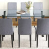 Table and chair set.79"x31.5" Inch Tempered Glass Tabletop With X-shaped Black Metal Table Legs,Wood Grain Textured MDF Crossbeam.Paired With 8 Light Gray Linen-Cotton Dining Chairs.