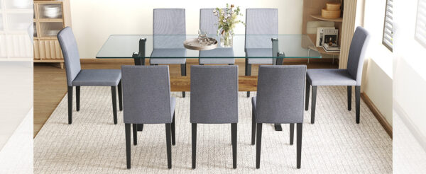 30d5d19c2cf34e809c38c6767a182dce_2273979a89e829efce0dba8d69ba2379 Table and chair set.79"x31.5" Inch Tempered Glass Tabletop With X-shaped Black Metal Table Legs,Wood Grain Textured MDF Crossbeam.Paired With 8 Light Gray Linen-Cotton Dining Chairs.