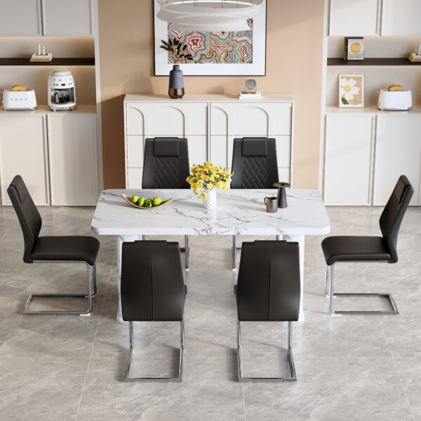 30e6f43682a14c7cb3524b80ce868ebe_b92f4821370212331010fb08971c68af Table and chair set.64.5 x 35.4 Inch Stylish White Marble Textured Dining Table,Perfectly Blending Simplicity And Transparency.Paried With 6 Black High-quality PU Chairs With Silver Arched Metal Legs.