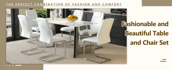 30f2c4bb81eb422e8136f4542f513666_c9933a403d451dd553b51a632c736e0f Table and chair set.63*31.4 Inch Luxurious Cold Jade Sintered Stone Dining Table Set - 6 White High-quality PU Chairs With Arched Silver Metal Legs.Perfect For Dinner Room,Meeting Room,Kitchen,etc.