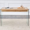The top of the coffee table is made of medium density fiberboard and wooden stickers, with transparent tempered glass on both sides. The design is simple and elegant, with a sturdy structure.