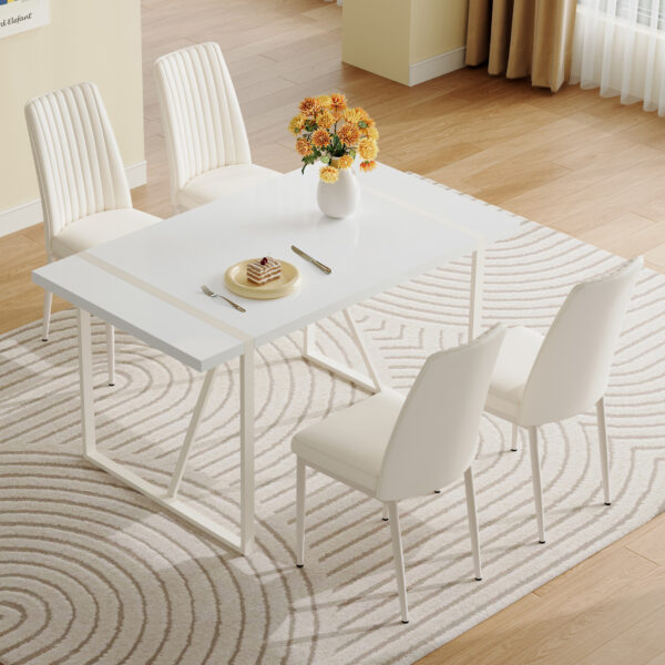 3116f4e85e2044098af87198684e2b94_181fe38a17afa23267578a69f34046f7 55"x31.5"Cream-Style White MDF Dining Table Set with 4 Armless Chairs.The backrest of the dining chair is designed with multiple vertical stripes.Adding a warm atmosphere to your family.