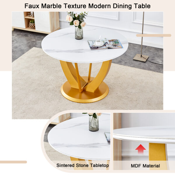 312b5a412f704947a7b6ffab22652d22_cf23ec2a055b3ed1305d972042326e18 Table and chair set.Luxurious Snow Mountain White Slab Round Dining Table Set - 47"x47" with 6 White PU Chairs.Sintered Stone Tabletop,MDF Table Leg,
