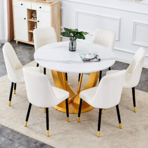 Table and chair set.Luxurious Snow Mountain White Slab Round Dining Table Set - 47"x47" with 6 White PU Chairs.Sintered Stone Tabletop,MDF Table Leg,