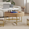 Modern Round Lift-Top Coffee Table with Storage & 3 Ottoman White & Natural