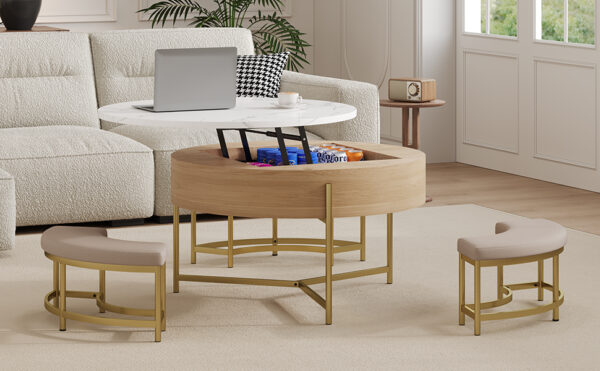 Modern Round Lift-Top Coffee Table with Storage & 3 Ottoman White & Natural