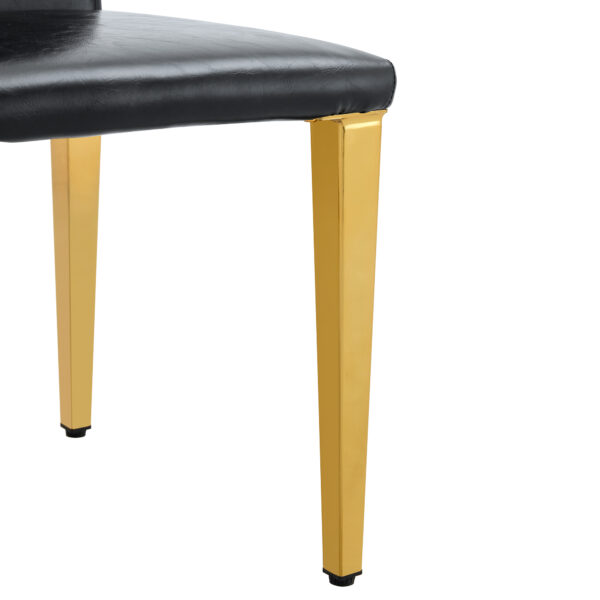 31411c80c8d34d458b0e5240cf0f4836_718590a59e817e6b10521d029547ef48 Table and chair set.71 * 35.4 inch rectangular dining table.Tempered Glass Tabletop,Golden 7-shaped Metal Table Legs.Paried With 6 Black PU dining chairs, Golden Metal Legs.Simple and versatile.