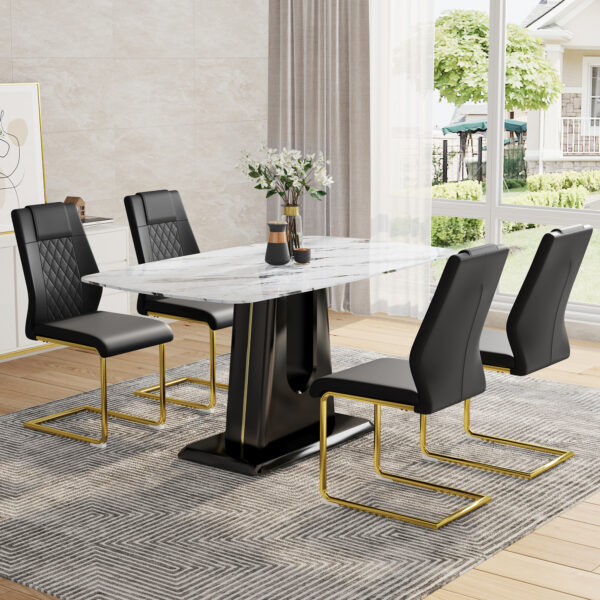 Table and chair set, modern and minimalist dining table, imitation marble patterned tabletop, MDF legs with U-shaped brackets. Paired with comfortable chairs, suitable for dining and living rooms.