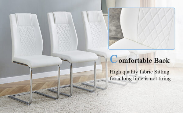 3158888c9ecb4e69a10bb76368d1fba2_560fe0a61bacf9bd6acf1b5007a7287b Table and chair set.Modern Luxurious Transparent Tempered Glass Dining Table Set with 6 Chairs.Single fork silver metal table legs.White high-quality PU dining chairs with silver metal legs.