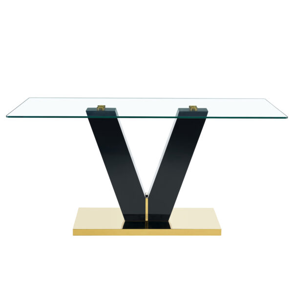 Large Modern Minimalist Rectangular Glass Dining Table for 6-8 with 0.4" Tempered Glass Tabletop and MDF slab V-Shaped Bracket and metal base,For Kitchen Dining Living Meeting Room Banquet Hall F-V
