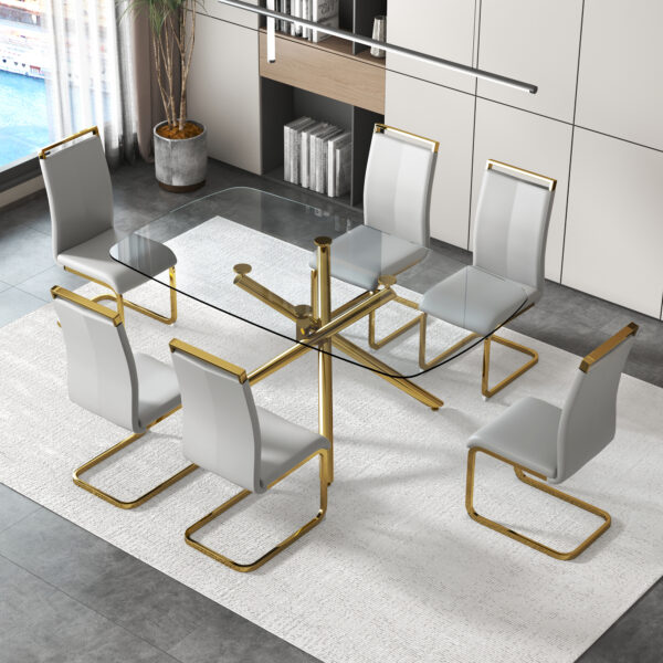 319616bc786947449e6face10e028290_20230717_7c93af92b541cdca8373bfd57e9149a5 Large Modern Minimalist Rectangular Glass Dining Table for 6-8 with 0.39" Tempered Glass Tabletop and Golden Plated Metal Legs,for Kitchen Dining Living Meeting Room Banquet hall 71'' x 39'' x30''1537