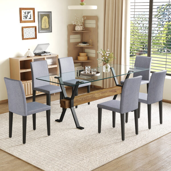 31be7c3752ef46bfb9410d3ba86b13fd_cb03615a1099fe71303732c3f7eea527 Table and chair set.79"x31.5" Inch Tempered Glass Tabletop With X-shaped Black Metal Table Legs,Wood Grain Textured MDF Crossbeam.Paired With 6 Light Gray Linen-Cotton Dining Chairs.