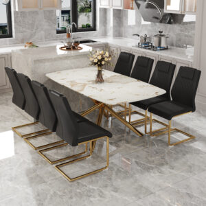 Table and chair set.Modern Luxurious Tempered Glass Dining Table Set with Gold Metal Legs and 8 PU Chairs.White marble-patterned sticker tabletop,black chairs with gold metal legs.