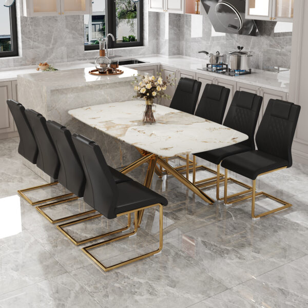31e54301715f47dd86952d359ddf9531_15e52b57ee3913d08cd4db44555ea35c Table and chair set.Modern Luxurious Tempered Glass Dining Table Set with Gold Metal Legs and 8 PU Chairs.White marble-patterned sticker tabletop,black chairs with gold metal legs.