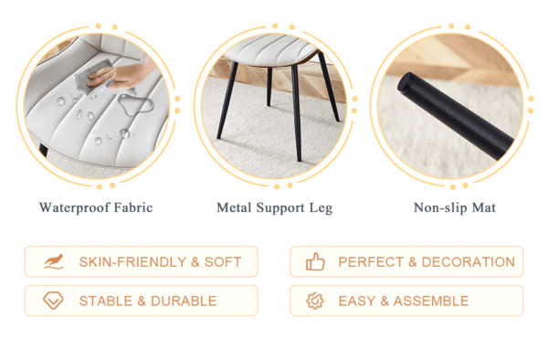 31f3136017344a60a0c0ef616c4e4c86_57463f16d2604bd2871bd5b84253d005 Extended Seat Cushion PU Dining Chair Set - Four Pieces.Smooth line design,Integral metal leg structure,Can integrate well into various modern home decoration styles.Gray and Brown Splicing Colors.