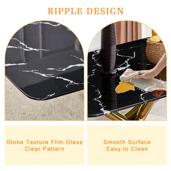 31f87276fc6742dda29ffe81f71e71a8_0e8a297980762f1f6a4b34da6906bceb 63"x35.4" Luxurious Black Marble-Patterned Tempered Glass Dining Table.Single Fork Golden Metal Table Legs.Tempered Glass Table Top,Golden Metal Leg.Make it Adaptable To Various Decoration Styles.