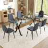 Table and chair set.79"x31.5" with X-shaped Black Metal Table Legs,Wood Grain Textured MDF Crossbeam.Paired With 6 Chairs Made Of Dark Gray Lnen Fabric.Iron pipe spraying Legs.