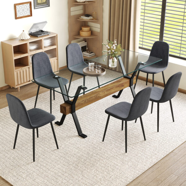 321a3571e89449b28d99447aff734a3a_90f8ccb8f16e3c7ac585acbf540afe97 Table and chair set.79"x31.5" with X-shaped Black Metal Table Legs,Wood Grain Textured MDF Crossbeam.Paired With 6 Chairs Made Of Dark Gray Lnen Fabric.Iron pipe spraying Legs.