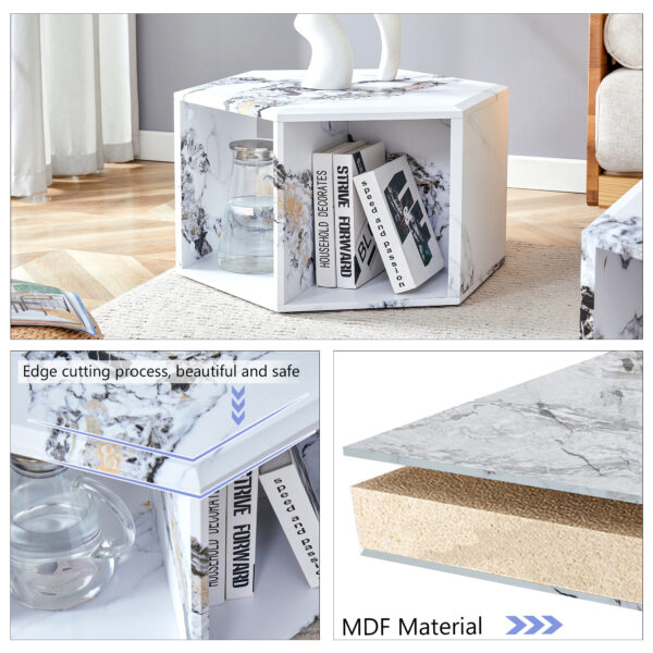 321f47ff2f74459c80e68b75e248b77a_253a24040c4f9b8ec44ea12d9af26e5c Hexagonal MDF coffee table, characteristic pattern stickers, multi-hole design to give more storage space, simple and convenient design makes it suitable for all kinds of style scenes.