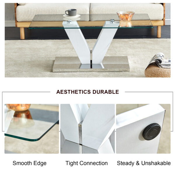 3221bf4f20d149eba2988c9a0627e84f_20240206_954d089f7b67cbd5ac875d64fa0f4591 Modern minimalist coffee table. Transparent tempered glass tabletop with silver MDF pillars. Suitable for living room and dining room